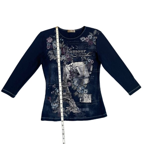 blue canyon y2k paris theme graphic 3/4 sleeve top size small - Picture 6 of 8